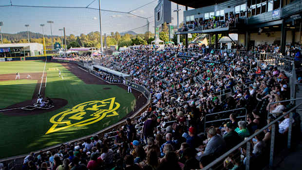 Fans watch a Eugene Emeralds game at PK Park. (2023)